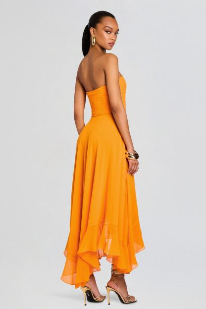 Chiffon Strapless Ruched Asymmetrical Ruffle Midi Dress