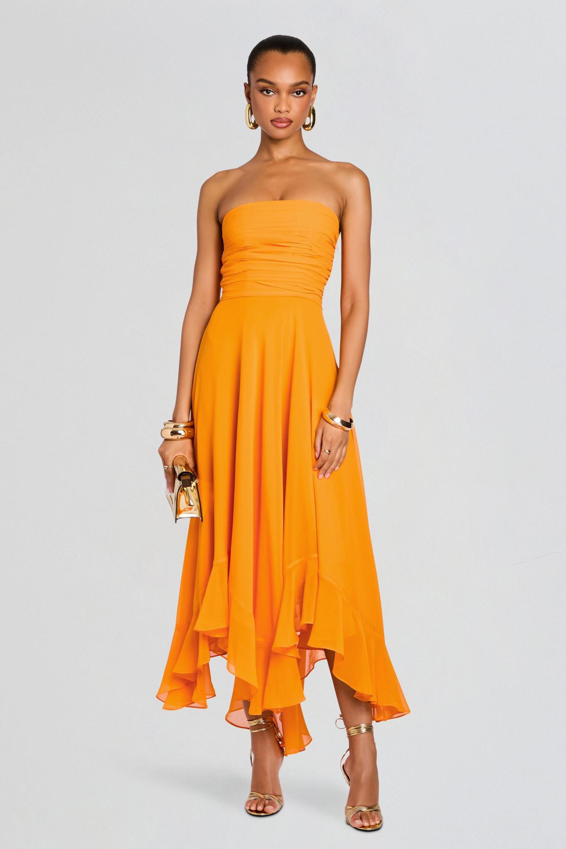 Chiffon Strapless Ruched Asymmetrical Ruffle Midi Dress