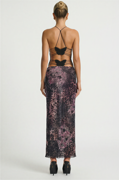Knitted Leopard Print Open Back Midi Dress