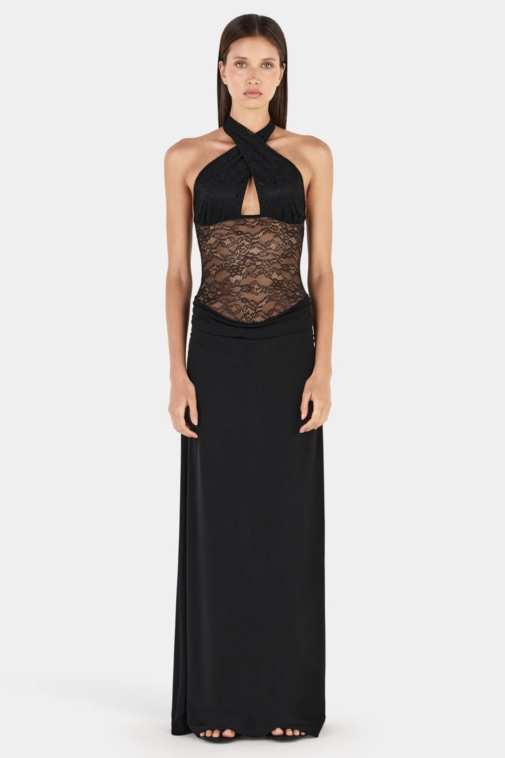 Lace Splicing Jersey See-Through Maxi Dress