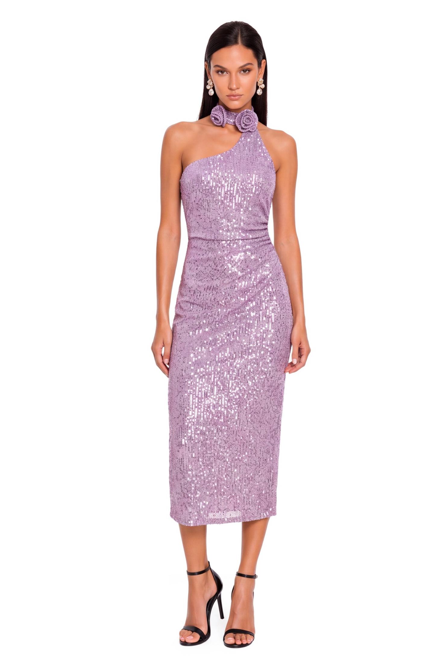 Sequin 3D Flower Halter Neck Midi Dress
