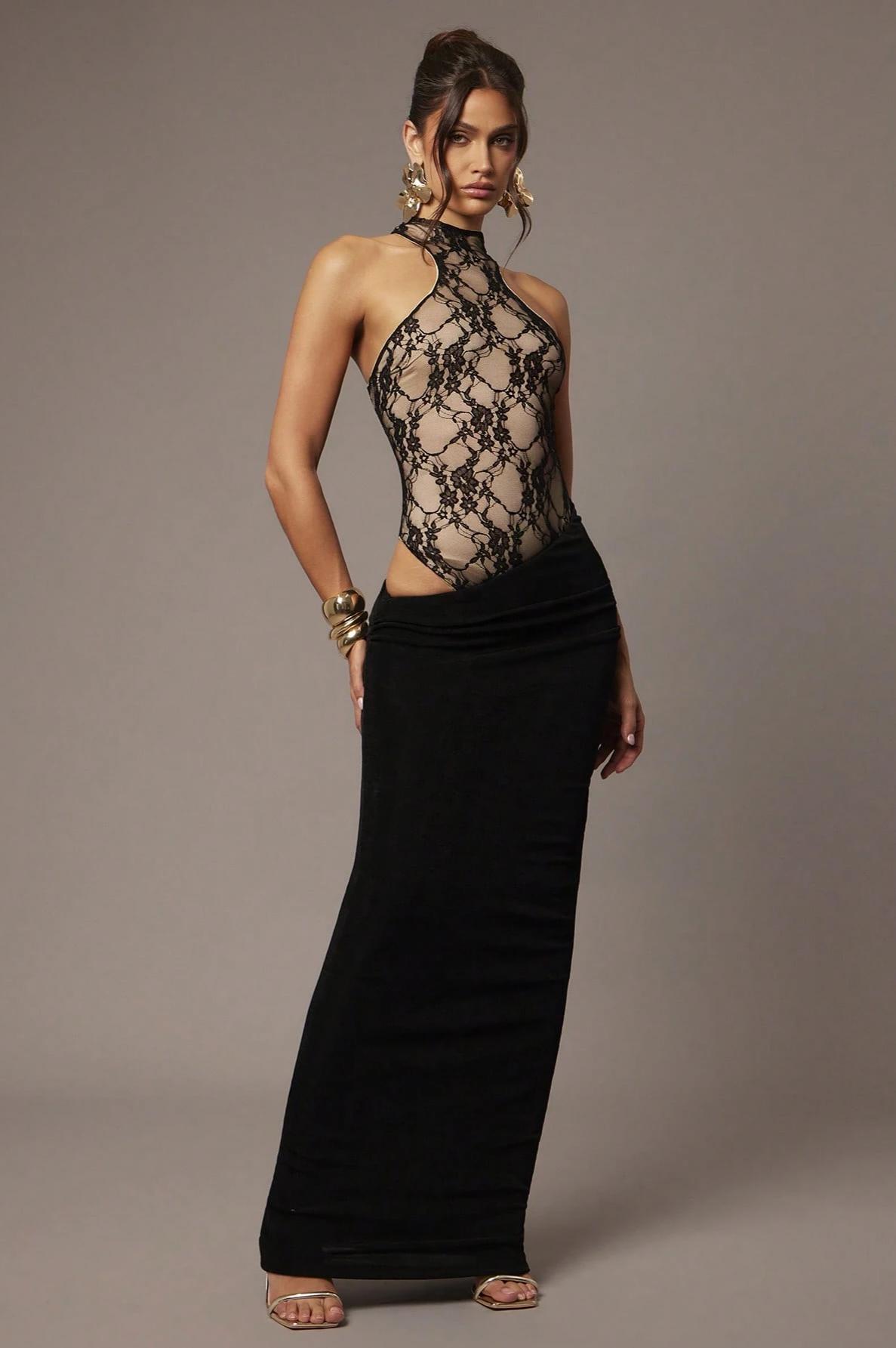 Lace Splicing Jersey Halter Neck Maxi Dress
