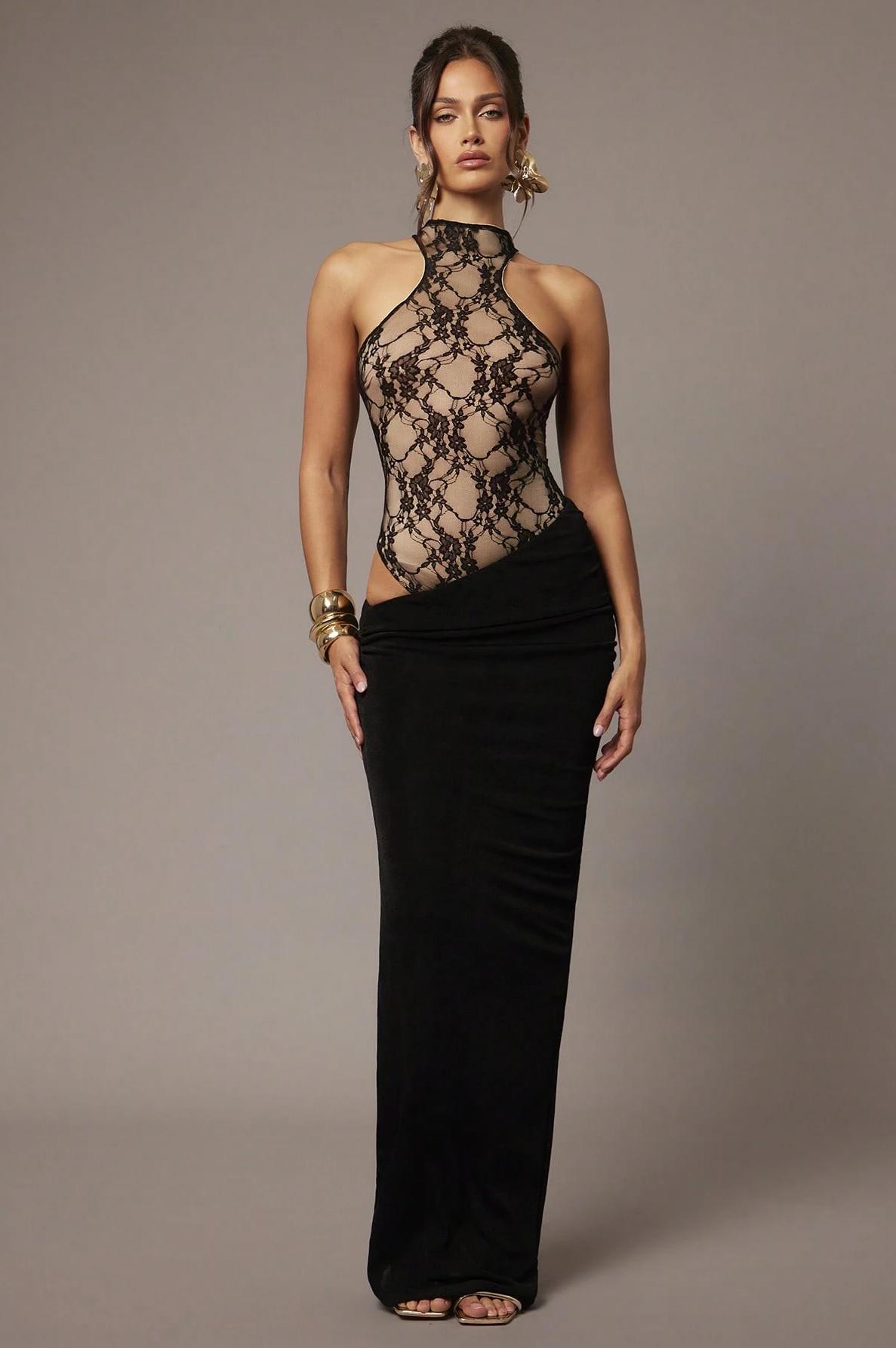 Lace Splicing Jersey Halter Neck Maxi Dress