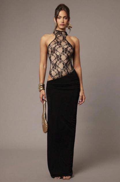 Lace Splicing Jersey Halter Neck Maxi Dress