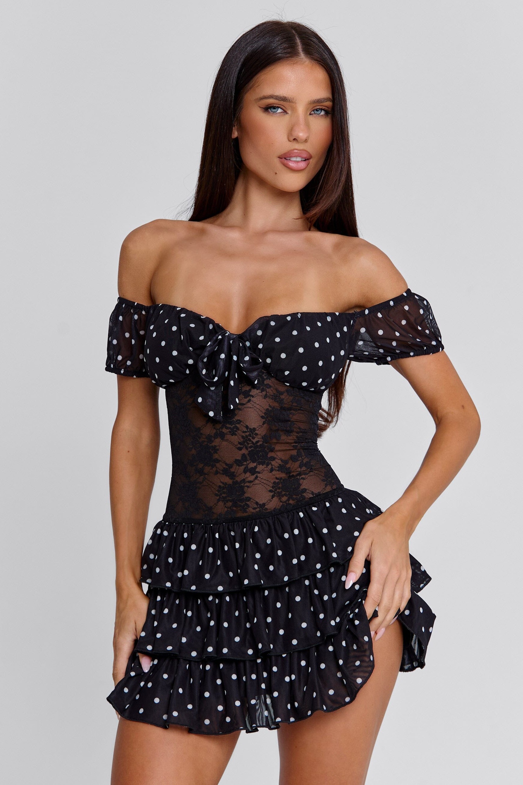 Polka Dot Lace Off-Shoulder Mini Dress