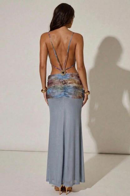 Abstract Print Jersey Backless Maxi Dress