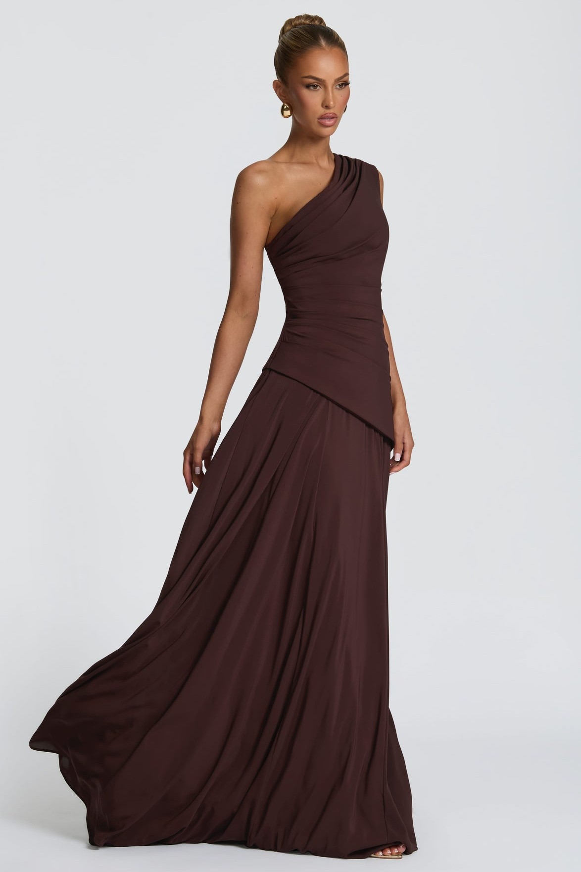 Jersey One Shoulder Gathering Maxi Dress