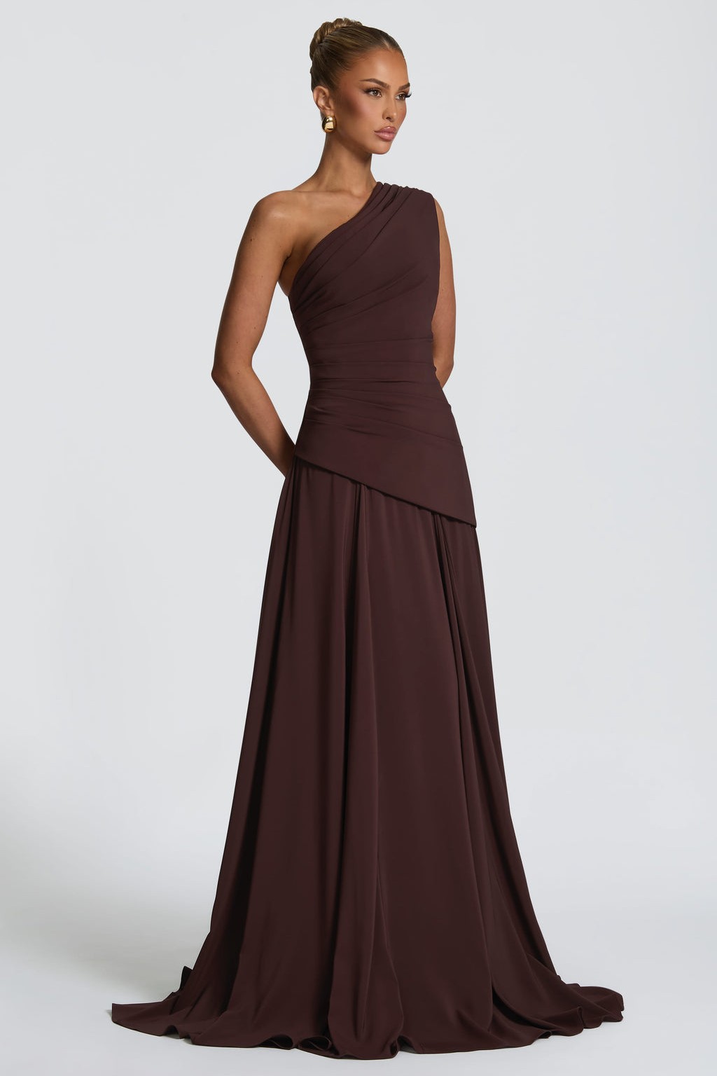Jersey One Shoulder Gathering Maxi Dress