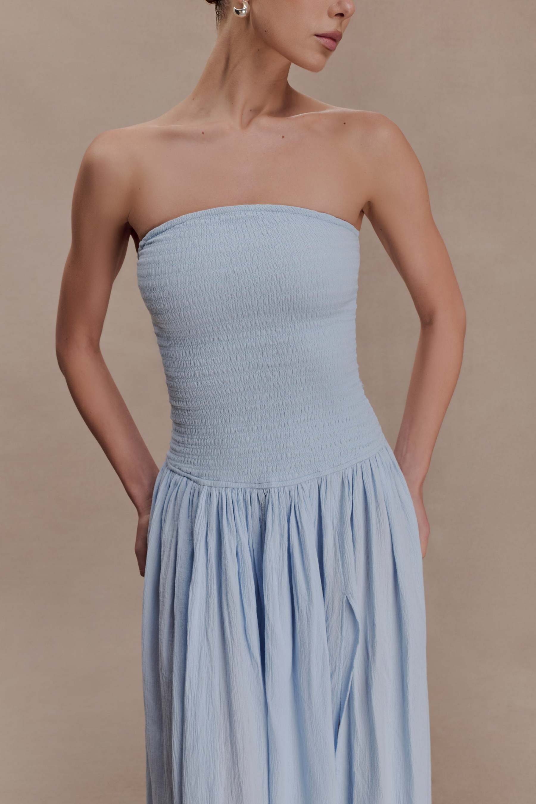 Solid Smocking Strapless Maxi Dress