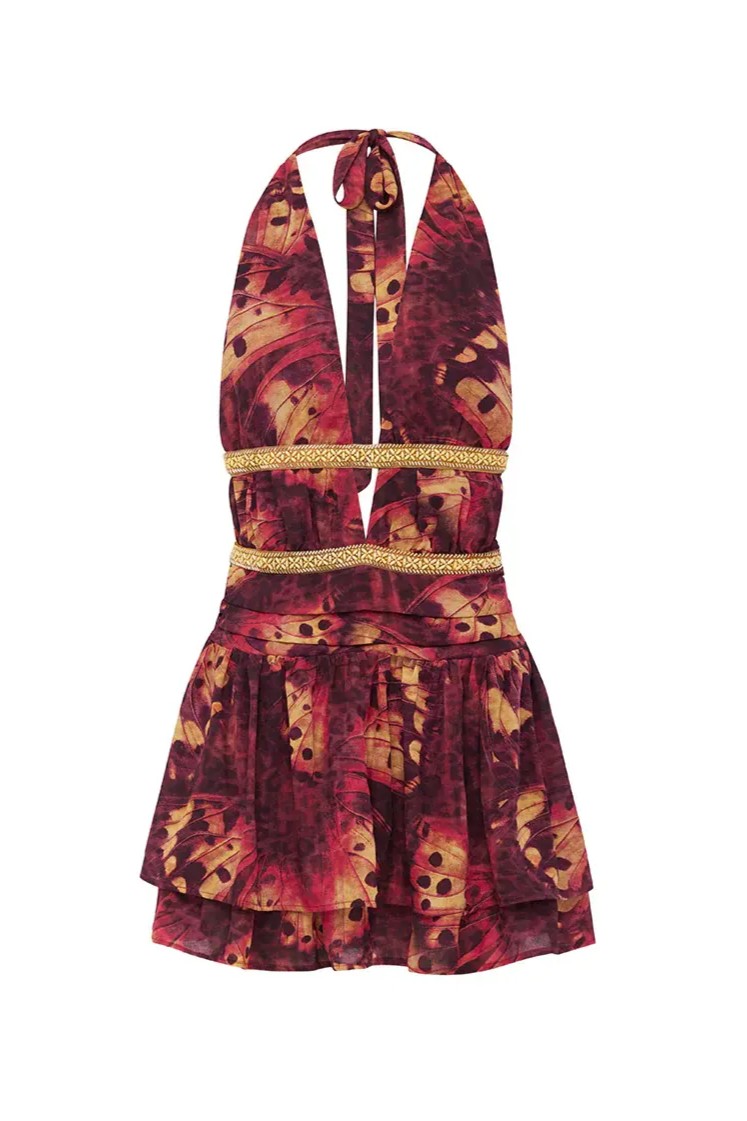 Butterfly Print Rivet Halter Neck Mini Dress