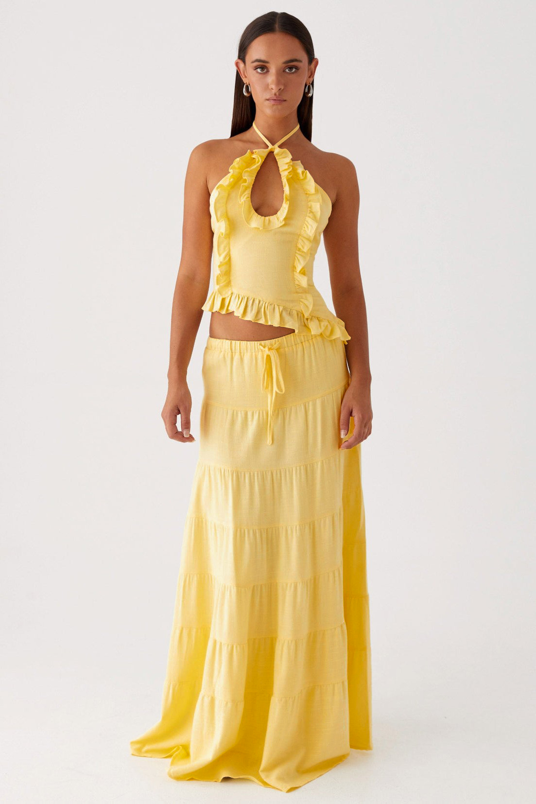 Solid Ruffle Halter Neck Top & Mid Waist Maxi Skirt Set