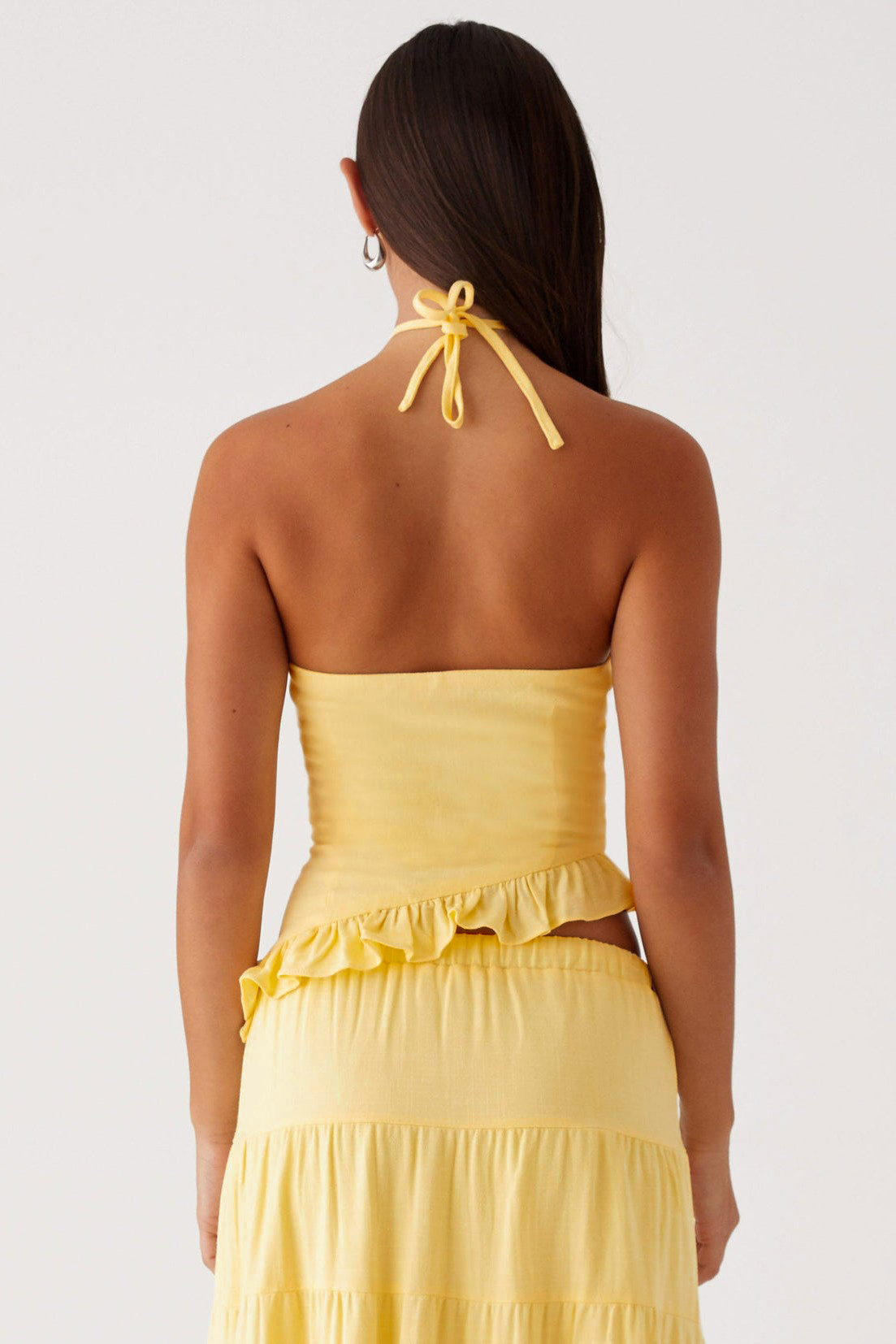 Solid Ruffle Halter Neck Top & Mid Waist Maxi Skirt Set