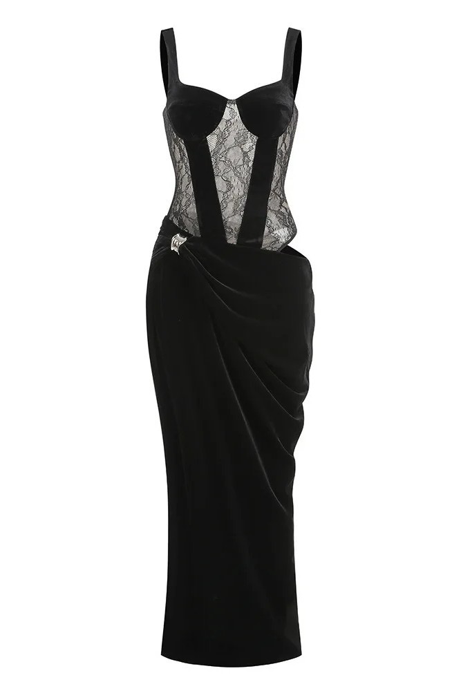 Velvet Splicing Lace  Cut-Out Maxi Dress