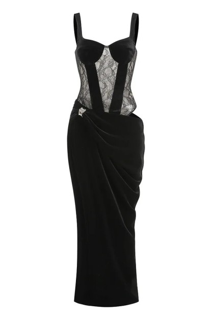 Velvet Splicing Lace  Cut-Out Maxi Dress