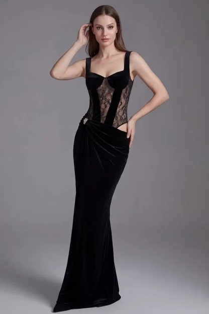 Velvet Splicing Lace  Cut-Out Maxi Dress