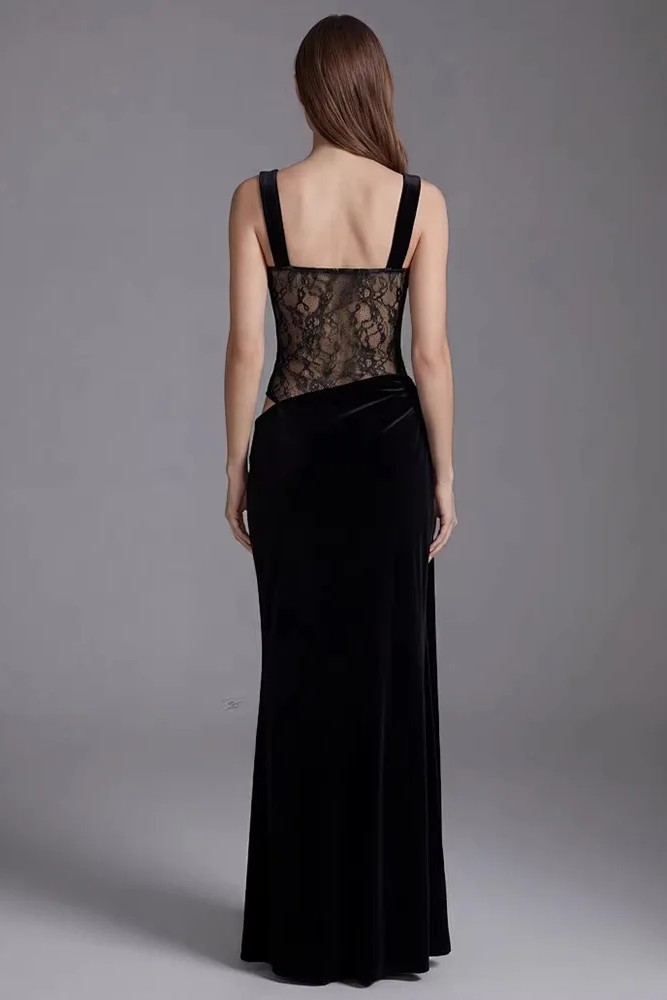 Velvet Splicing Lace  Cut-Out Maxi Dress