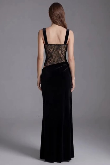 Velvet Splicing Lace  Cut-Out Maxi Dress