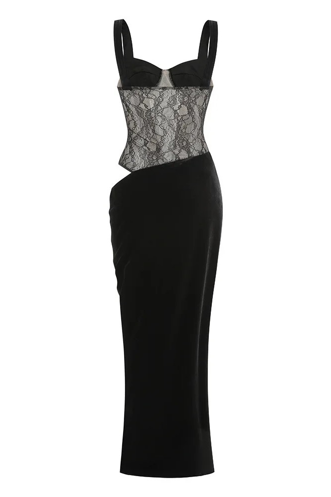 Velvet Splicing Lace  Cut-Out Maxi Dress