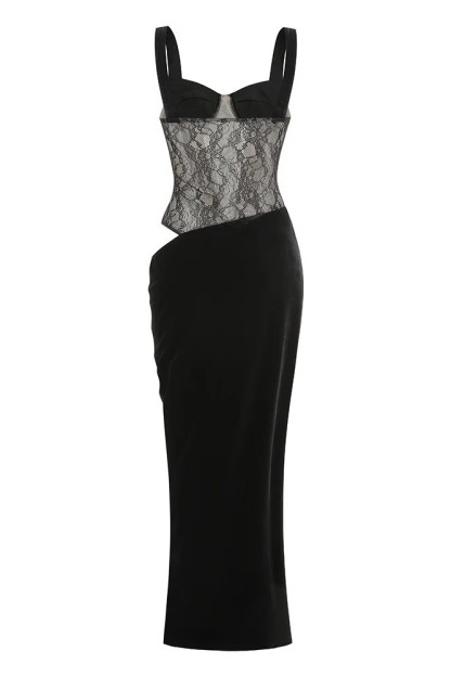 Velvet Splicing Lace  Cut-Out Maxi Dress