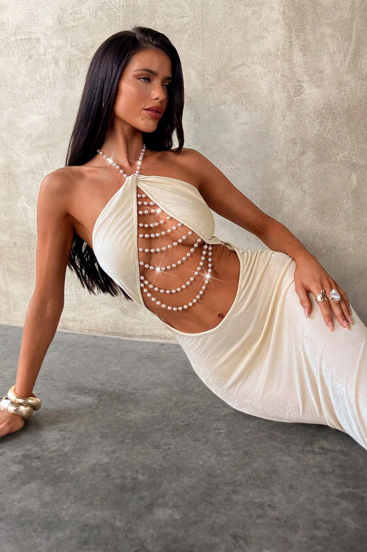 Jersey Faux Pearl Tassel Cut-Out Maxi Dress