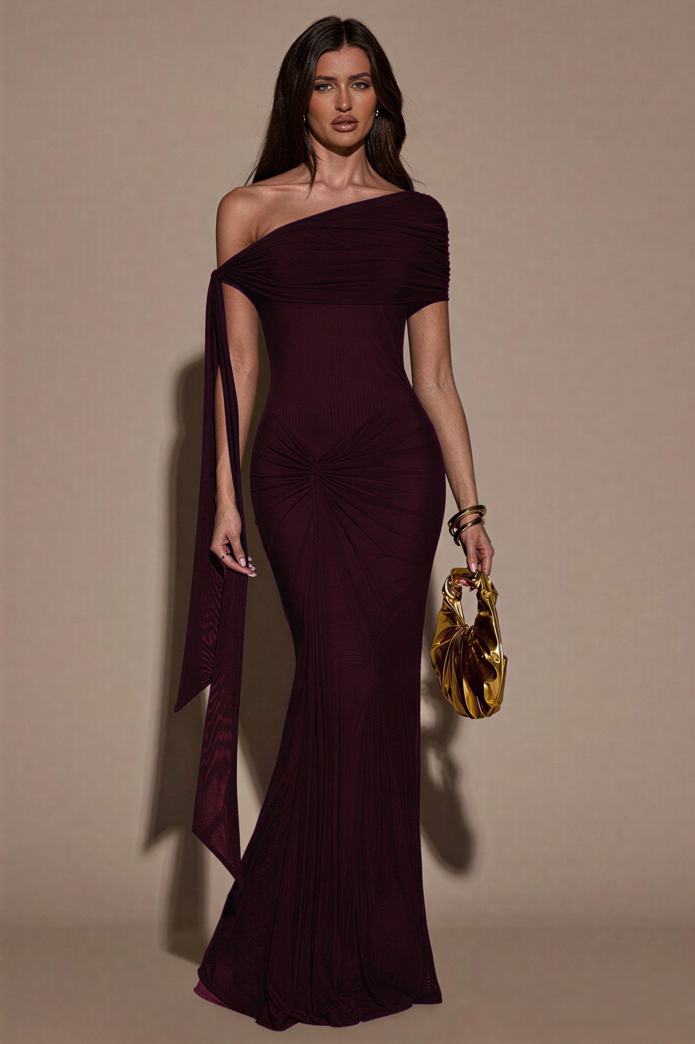Mesh Skew Collar Knotted Maxi Dress