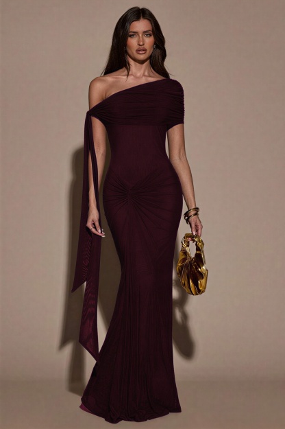 Mesh Skew Collar Knotted Maxi Dress