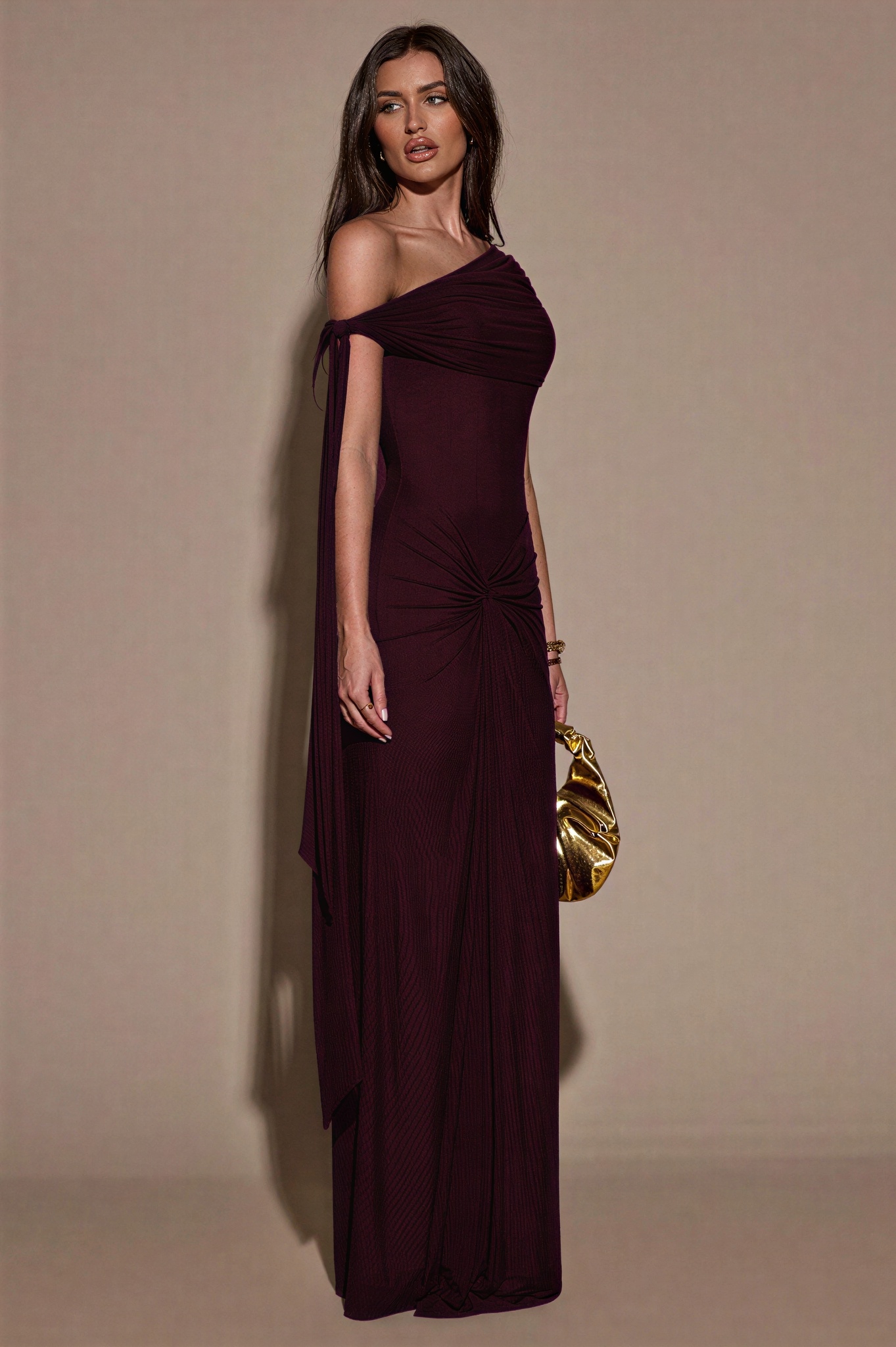 Mesh Skew Collar Knotted Maxi Dress