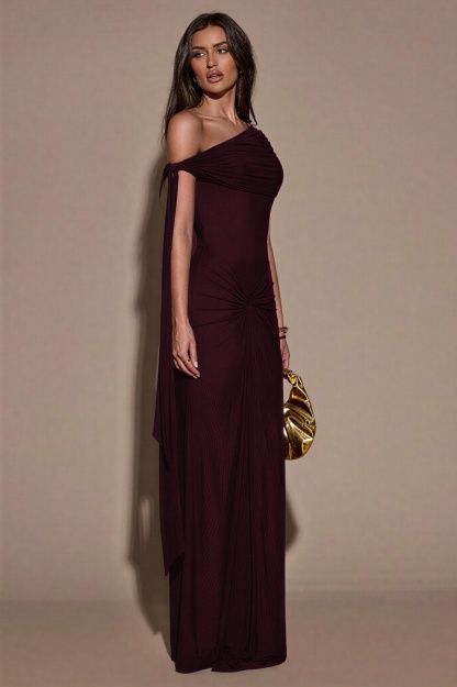 Mesh Skew Collar Knotted Maxi Dress