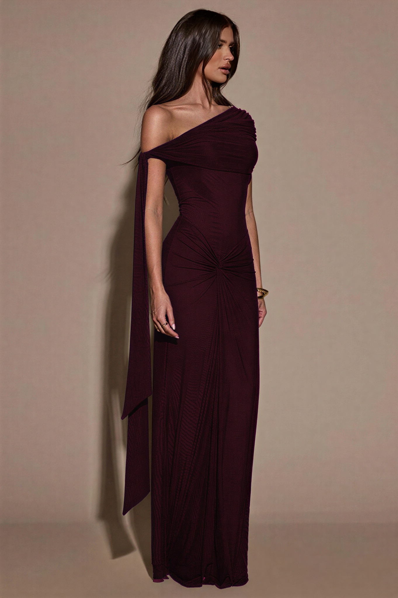Mesh Skew Collar Knotted Maxi Dress