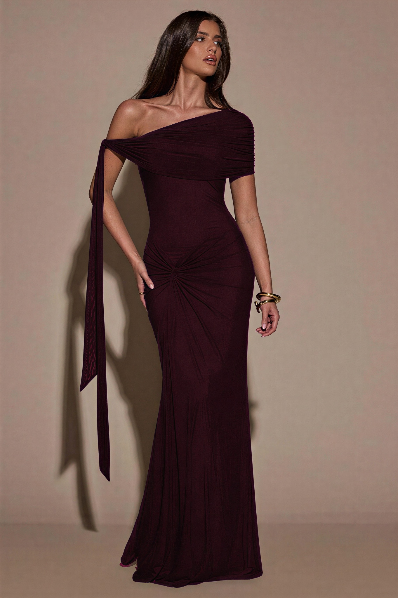 Mesh Skew Collar Knotted Maxi Dress