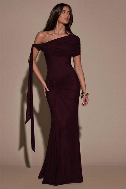 Mesh Skew Collar Knotted Maxi Dress