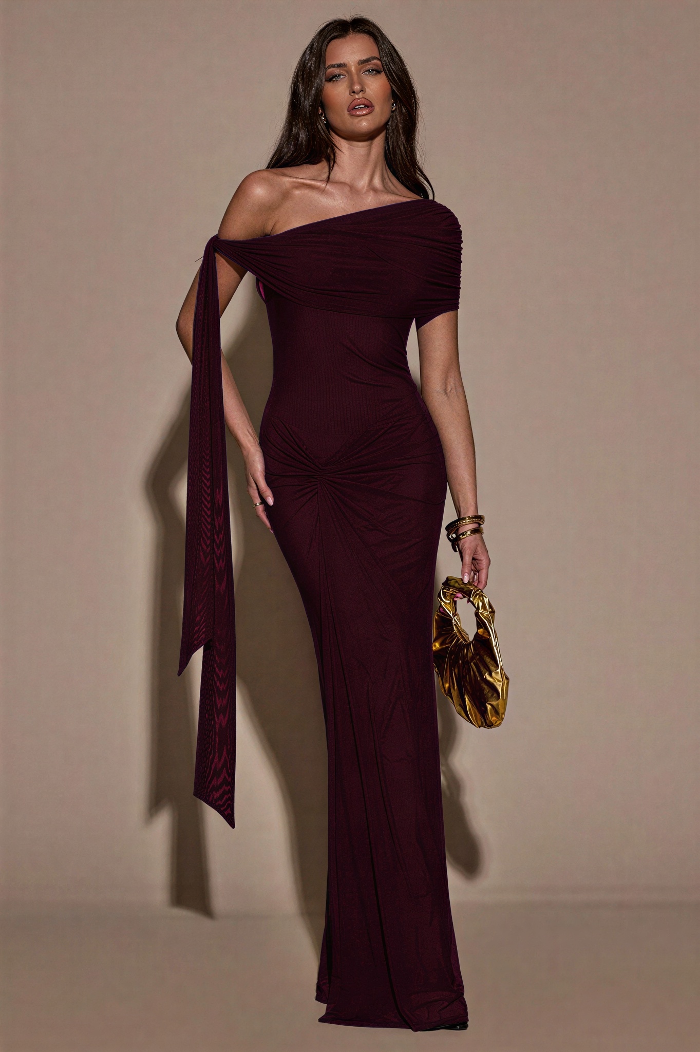 Mesh Skew Collar Knotted Maxi Dress