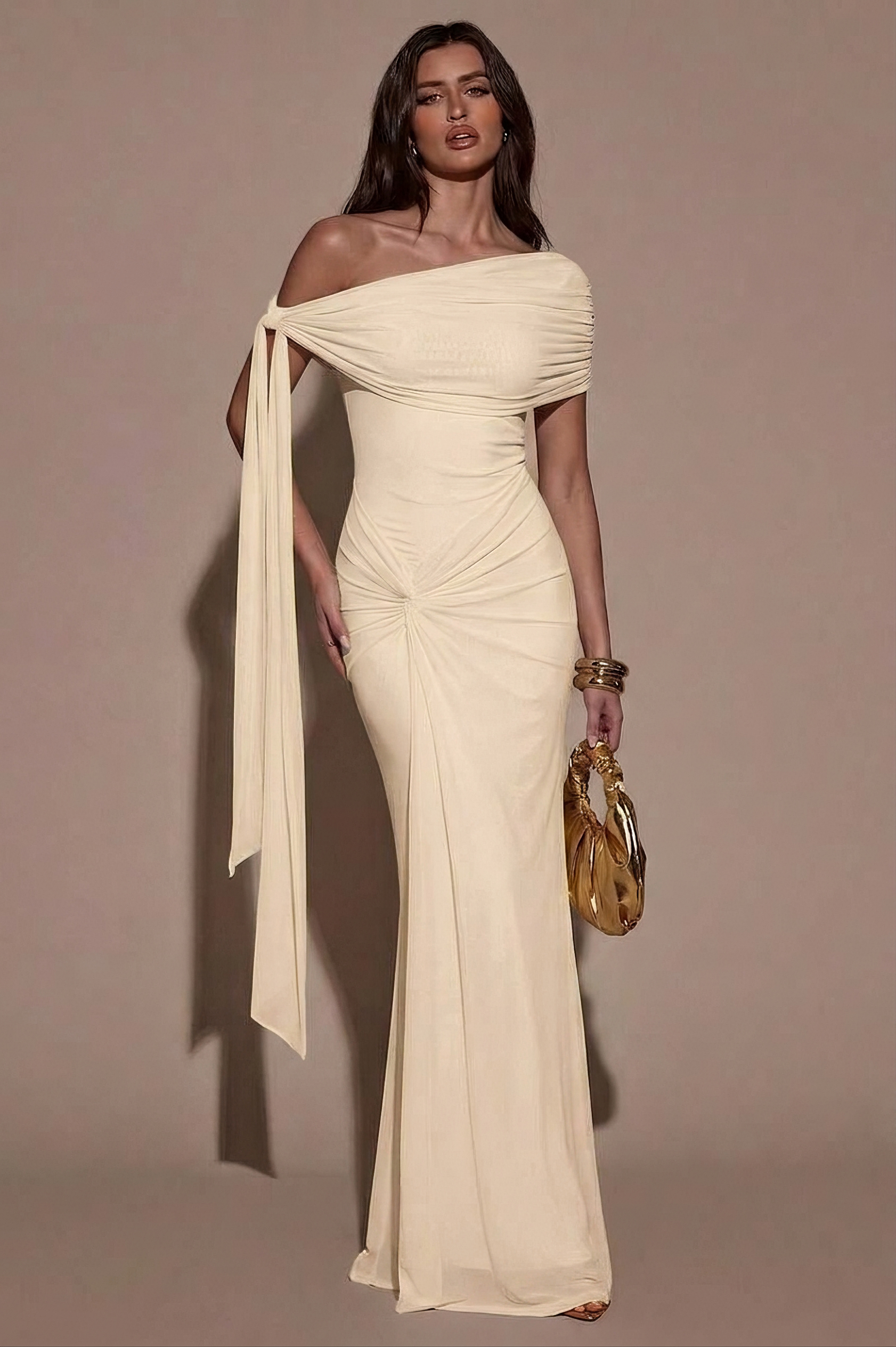 Mesh Skew Collar Knotted Maxi Dress
