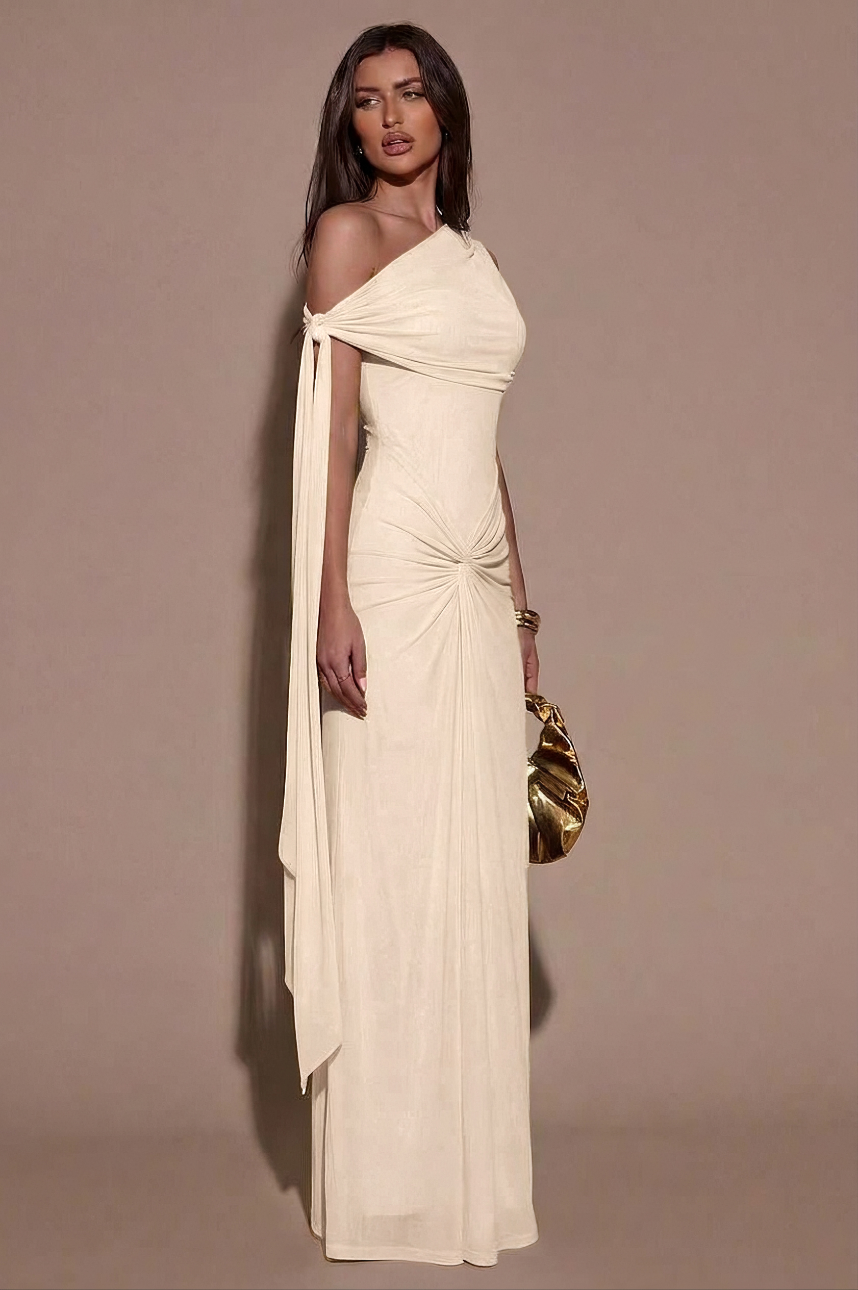 Mesh Skew Collar Knotted Maxi Dress