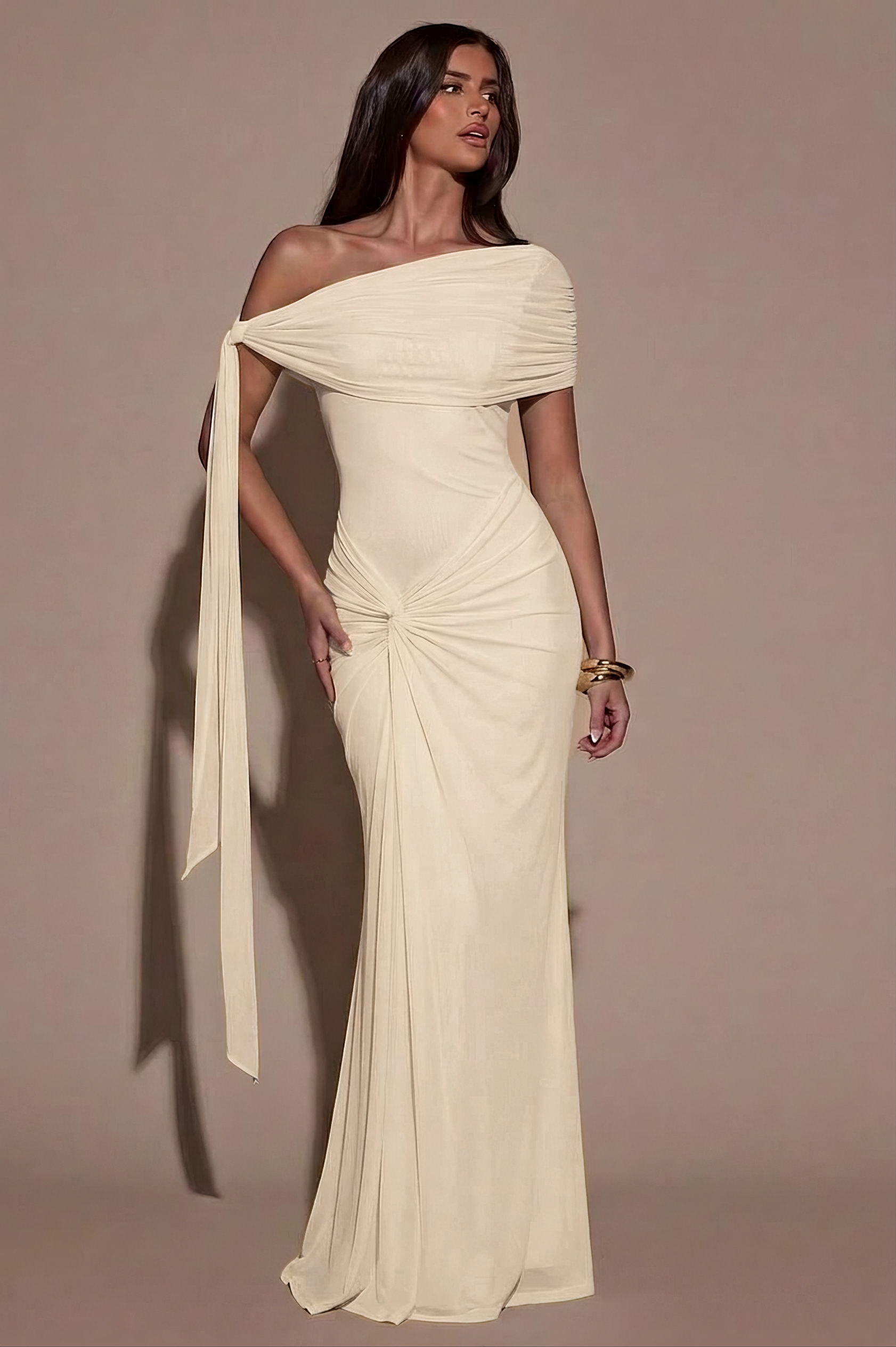 Mesh Skew Collar Knotted Maxi Dress