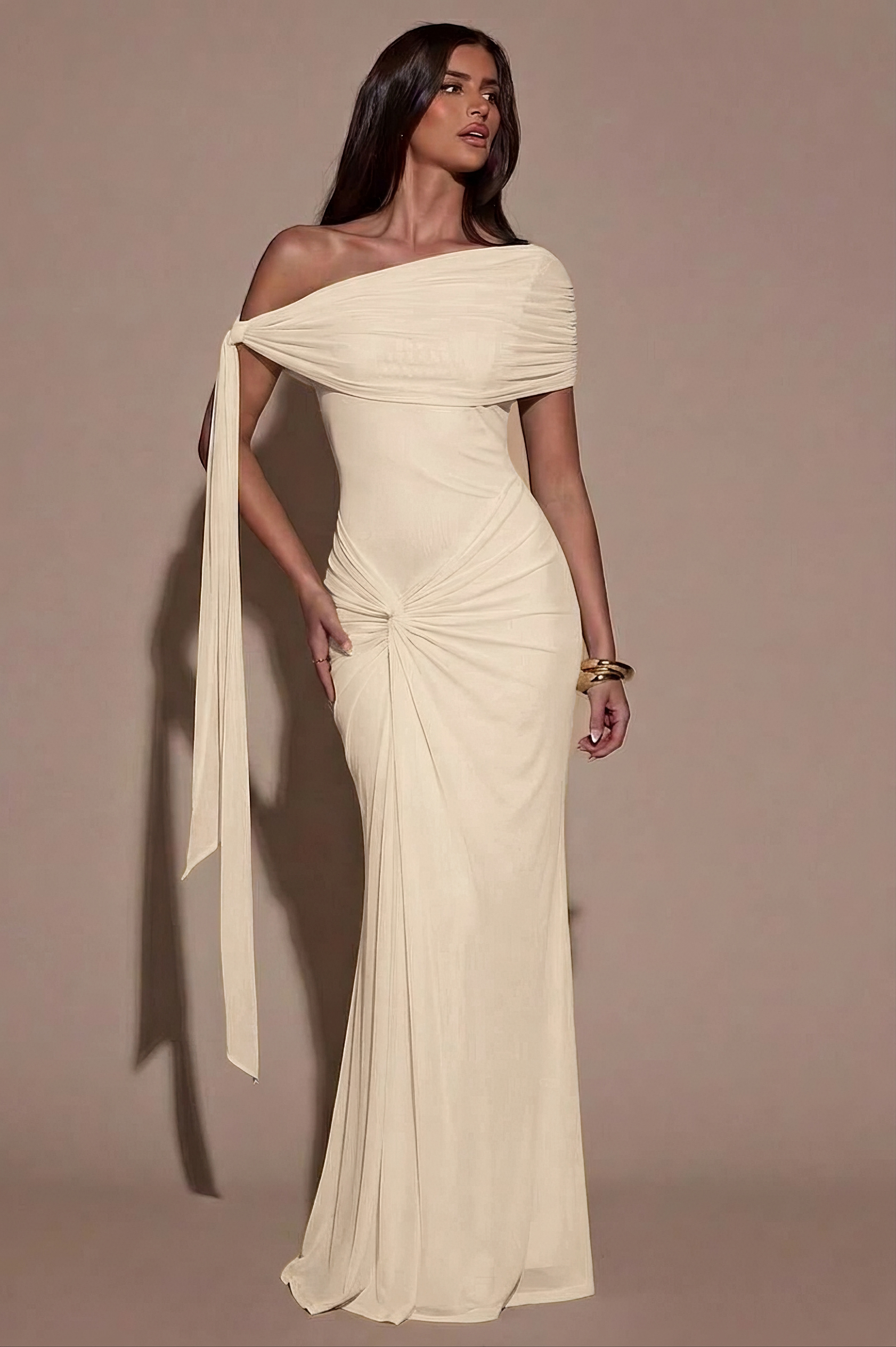 Mesh Skew Collar Knotted Maxi Dress