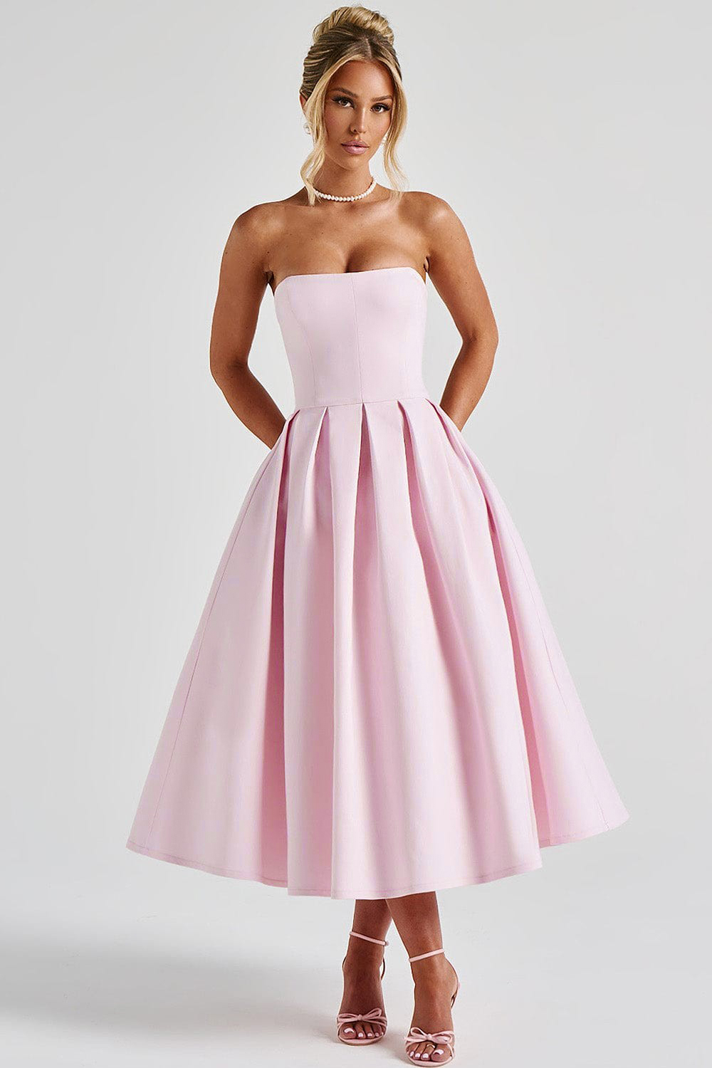 Solid Strapless Pleated Midi Dress