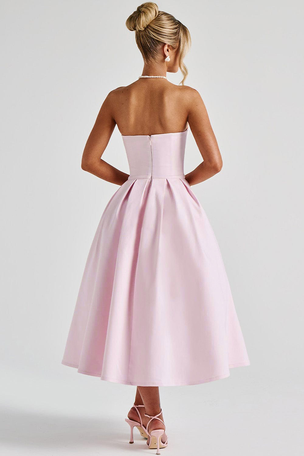 Solid Strapless Pleated Midi Dress