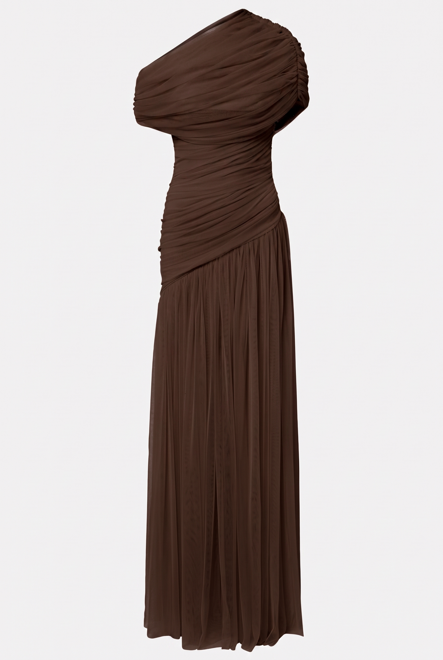 Mesh Gathering Skew Collar Maxi Dress