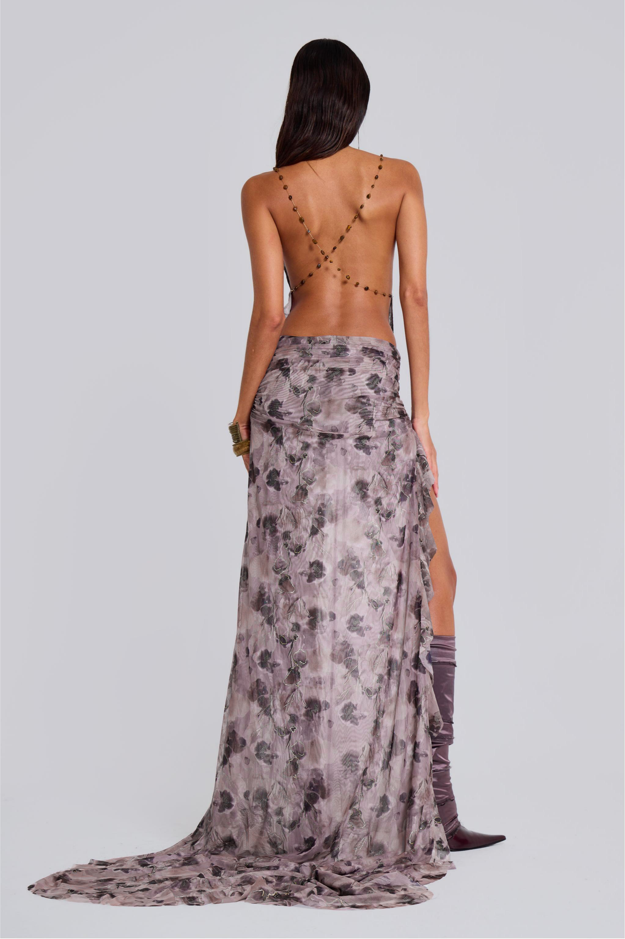 Tie Dye Gold Foil Stamping Beaded Maxi Dress