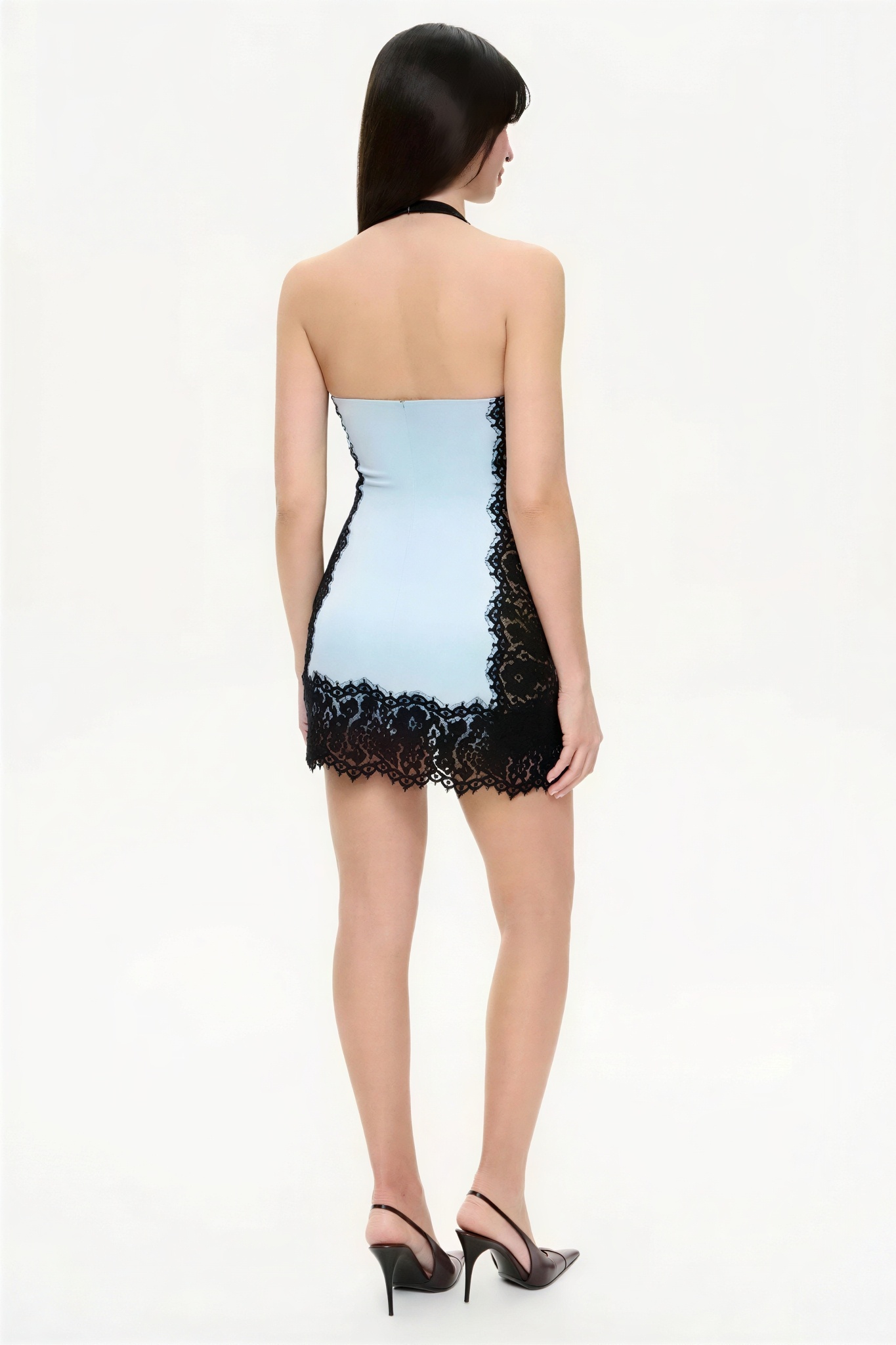 Satin Splicing Lace Halter Neck Mini Dress