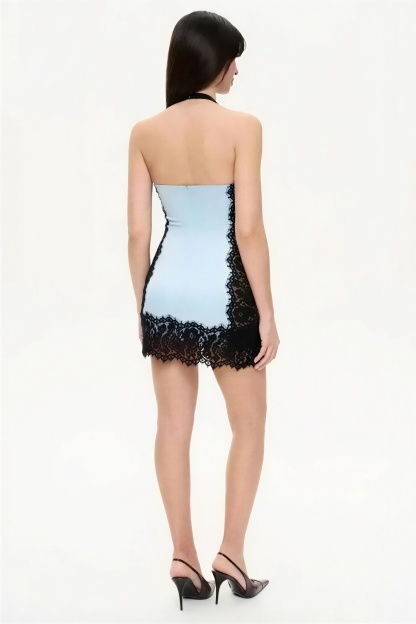 Satin Splicing Lace Halter Neck Mini Dress