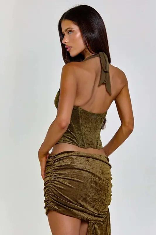 Velvet Splicing Mesh Corset Top & Low Waist  Mini Skirt Set