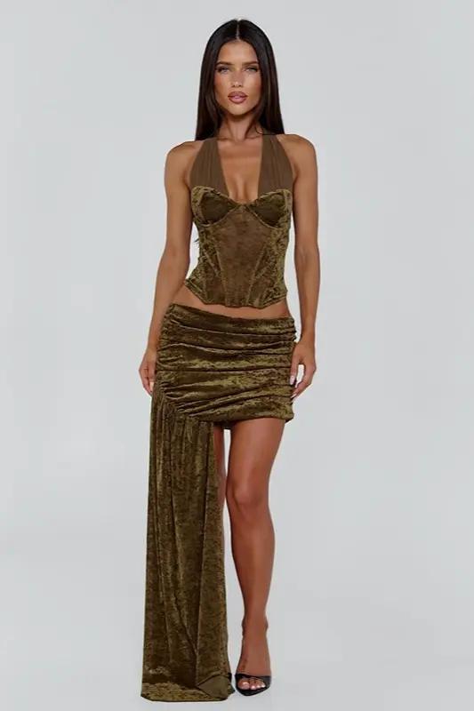 Velvet Splicing Mesh Corset Top & Low Waist  Mini Skirt Set