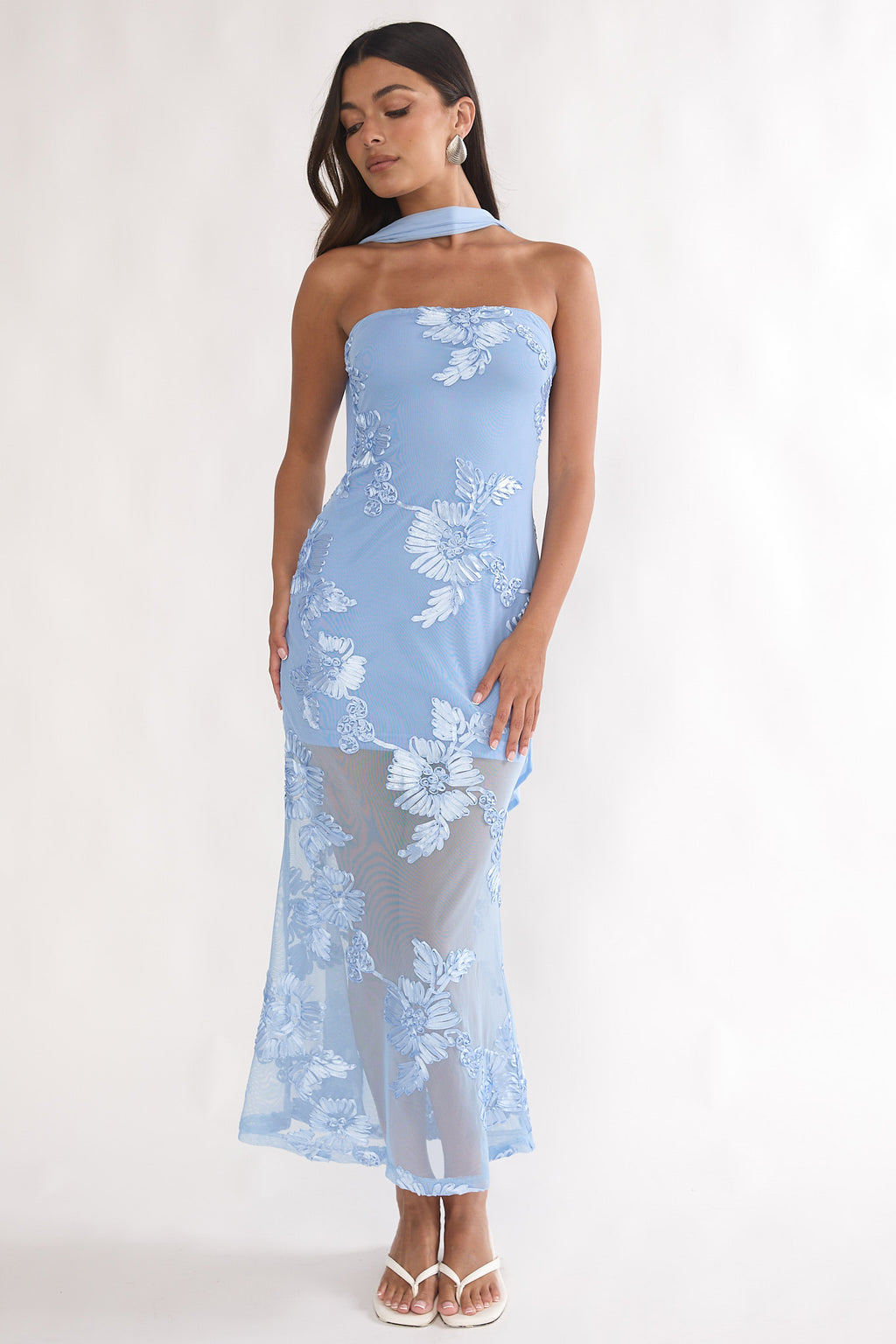 Mesh 3D Floral Tube Maxi Dress