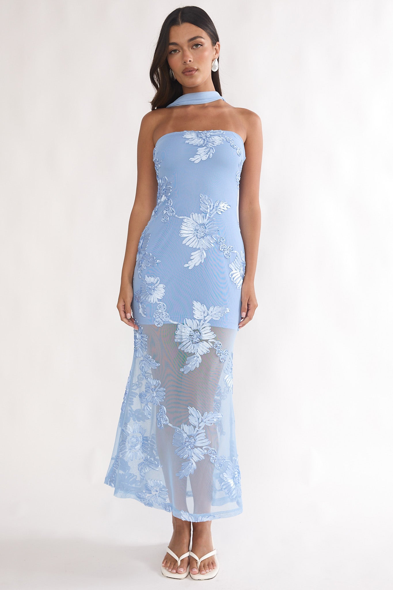 Mesh 3D Floral Tube Maxi Dress