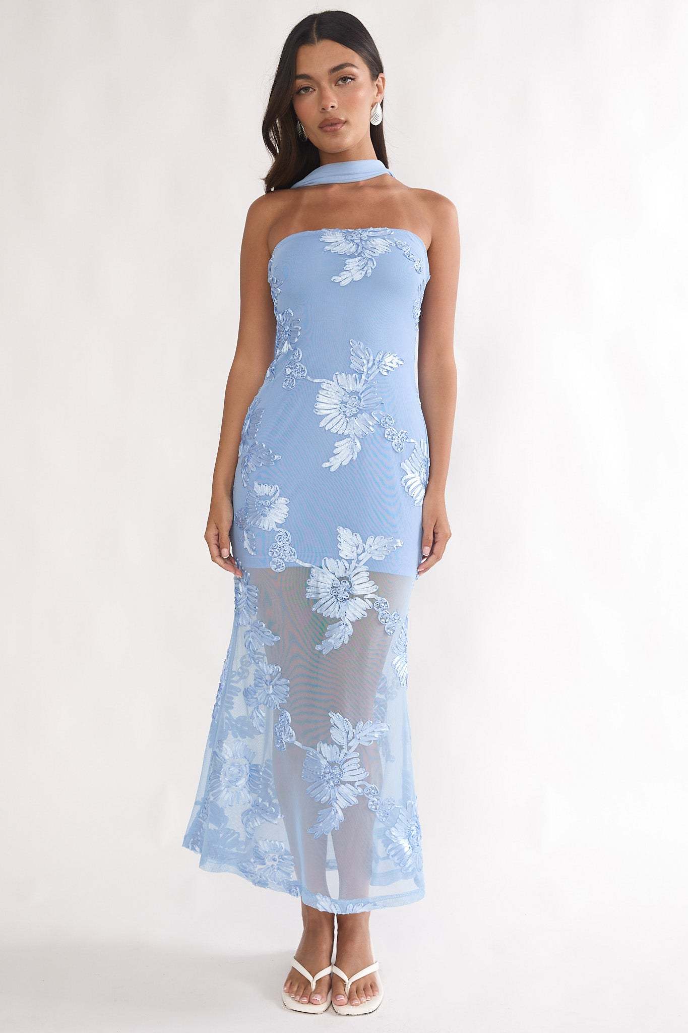 Mesh 3D Floral Tube Maxi Dress