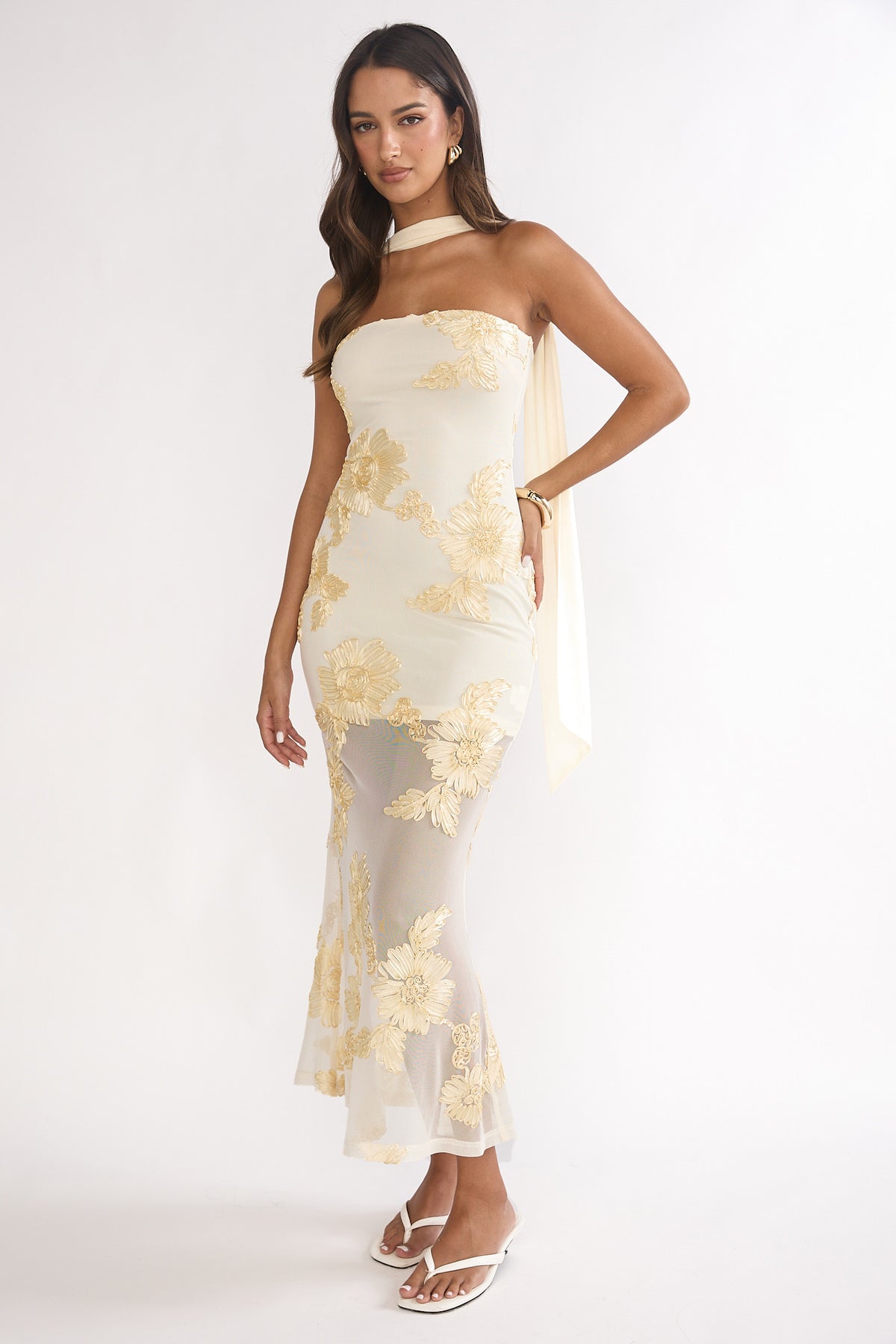 Mesh 3D Floral Tube Maxi Dress
