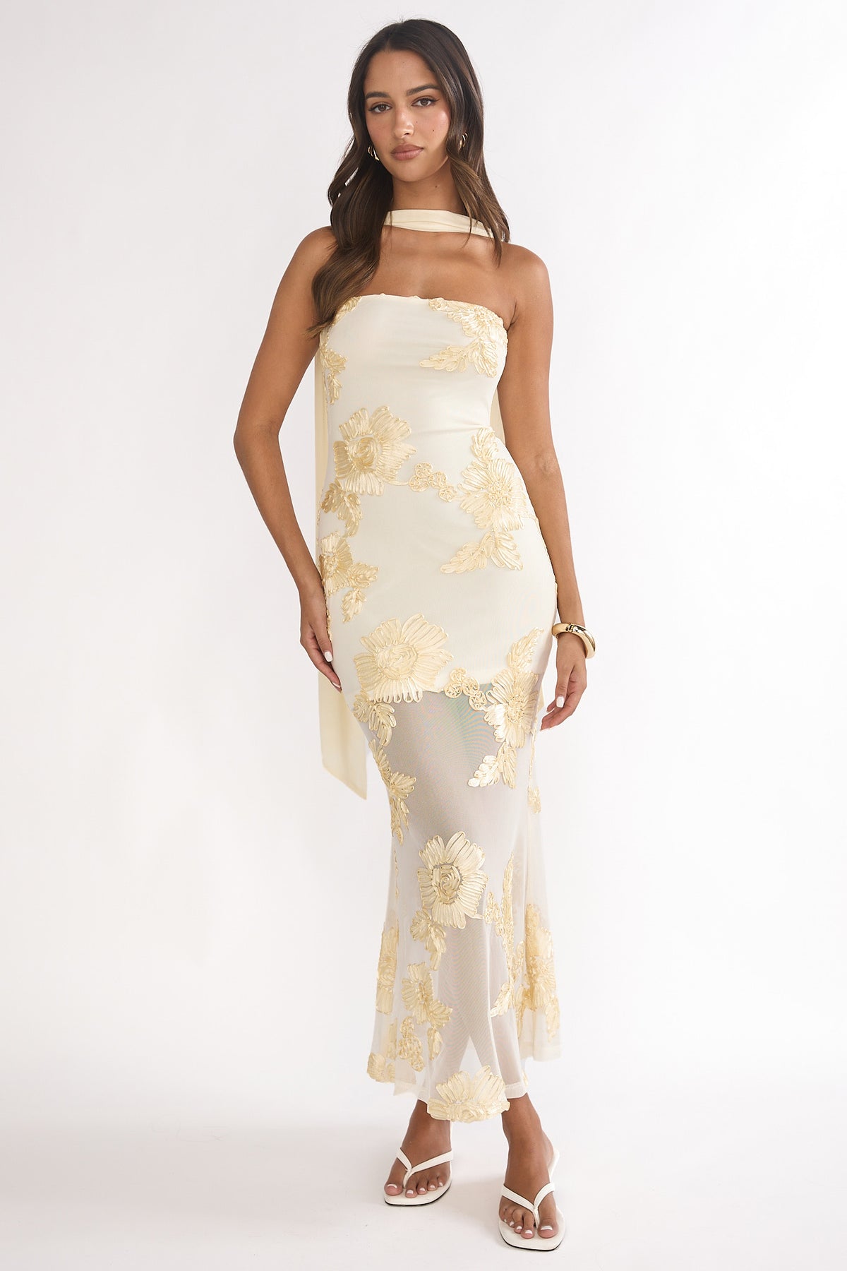 Mesh 3D Floral Tube Maxi Dress