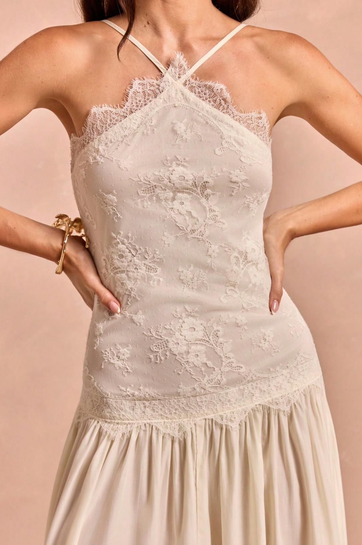 Lace Halter Pleated Maxi Dress